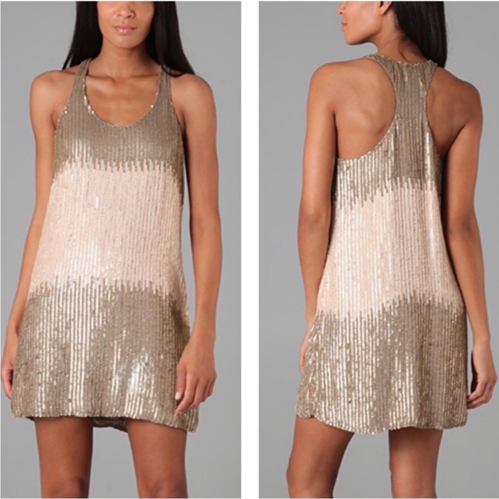 Parker Gold Silk Sequin Racer Back Mini Dress Size Small